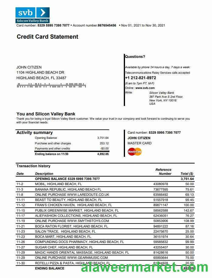 USA Florida Silicon Valley bank credit card statement template in Excel and PDF format